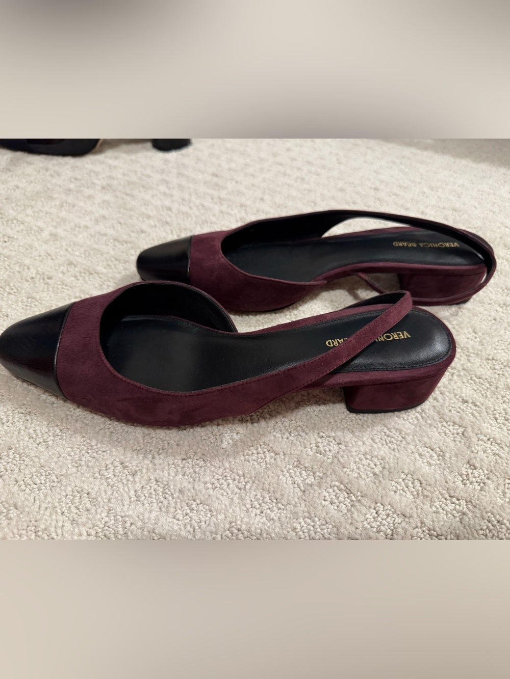 Veronica Beard Burgundy Suede and Black Leather Cap-Toe Slingback Flats - Picture 2 of 3